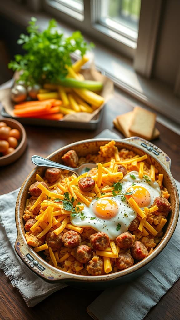 Delicious breakfast hashbrown casserole topped with sausage, eggs, and cheddar cheese