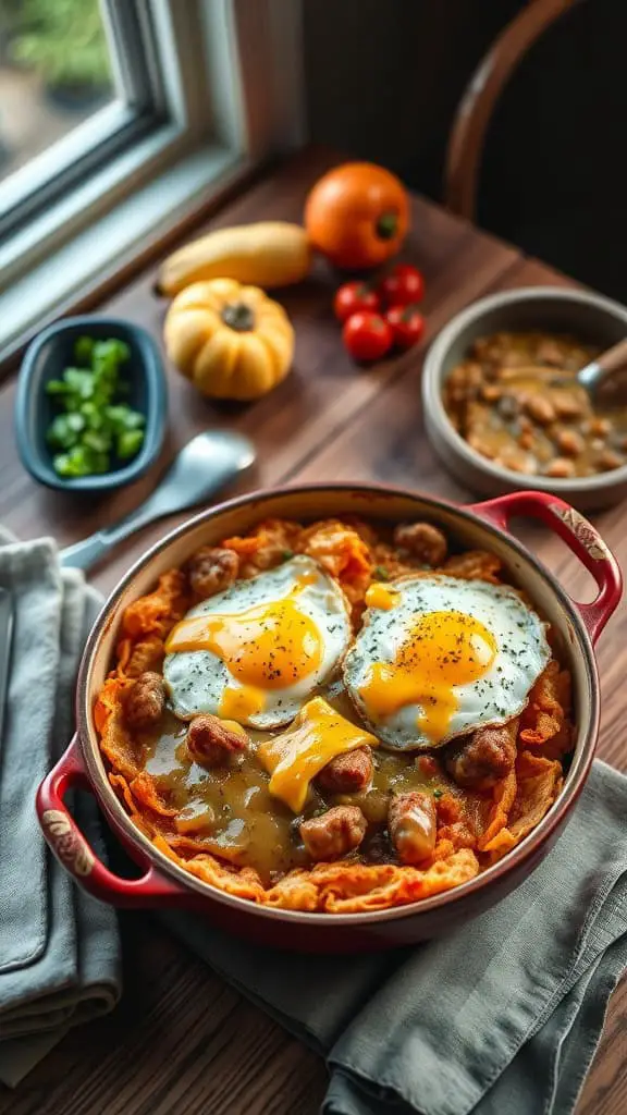 A delicious Breakfast Hashbrown Shepherd’s Pie with a golden hashbrown crust, topped with sausage gravy, eggs, and cheddar cheese.