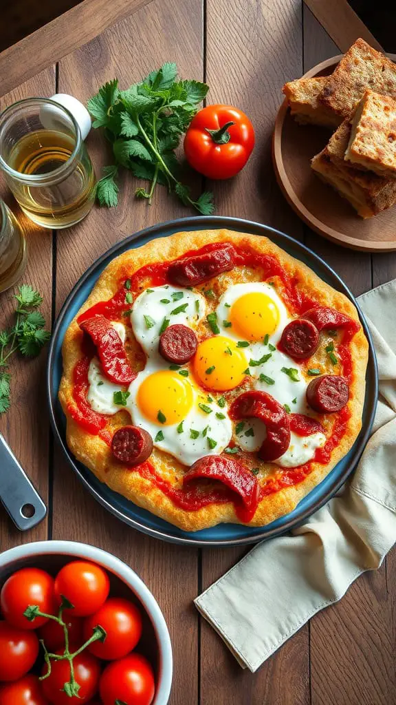 A delicious breakfast pizza made with a hashbrown crust, eggs, sausage, marinara, and mozzarella on a wooden table.