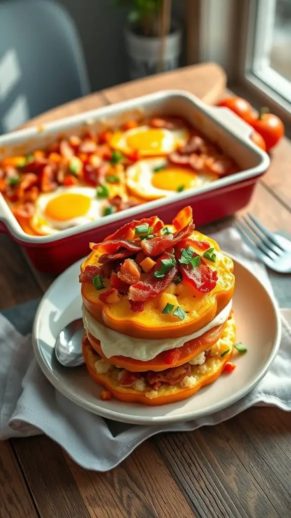 Layered breakfast stuffed pepper casserole with eggs, bacon, and hash browns