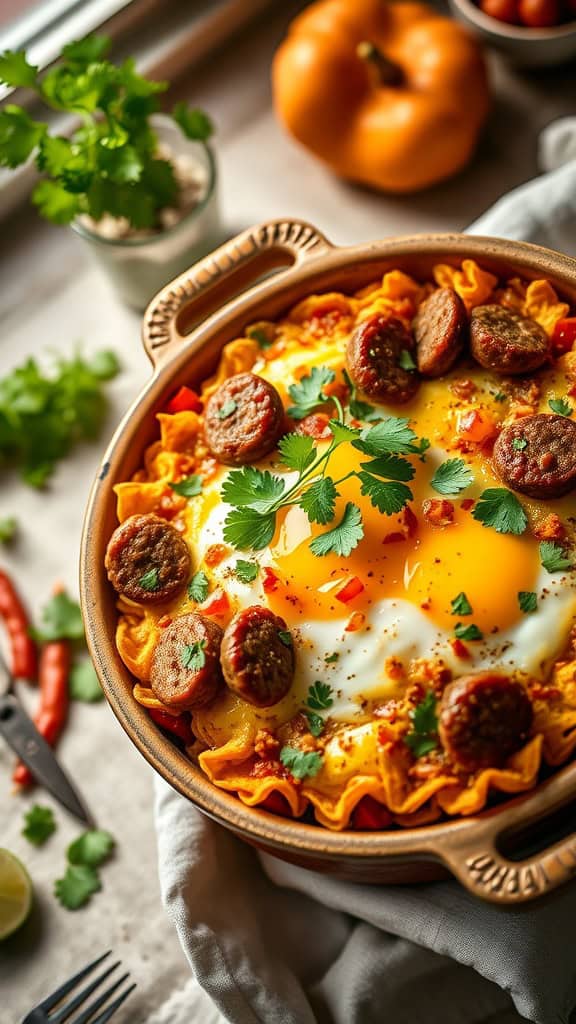 A hearty breakfast taco casserole with layers of eggs, sausage, and tortillas topped with cheese and cilantro.