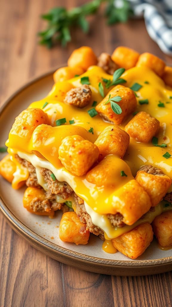 A delicious breakfast tater tot casserole layered with sausage, eggs, and cheese.