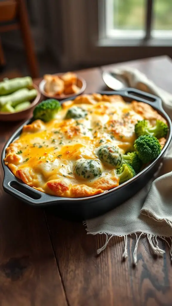 A creamy broccoli Alfredo casserole topped with melted cheese