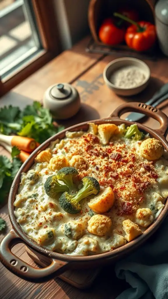 Broccoli and Cauliflower Casserole with creamy cheese topping