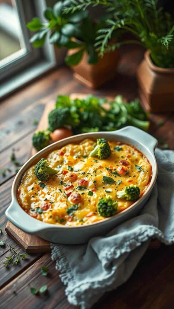 A delicious broccoli and cheddar breakfast casserole in a baking dish with vegetables and cheese.