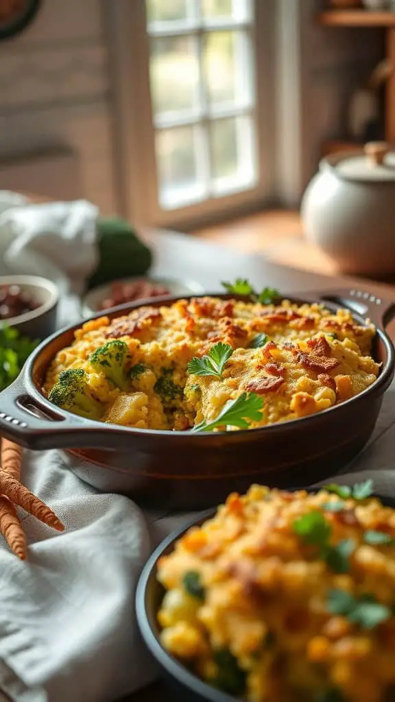 Broccoli and cornbread casserole with a golden crust and green broccoli pieces.