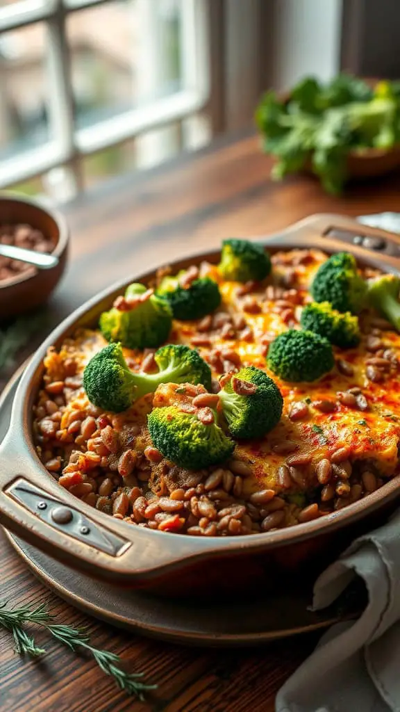 A delicious broccoli and lentil casserole topped with cheddar cheese and breadcrumbs.