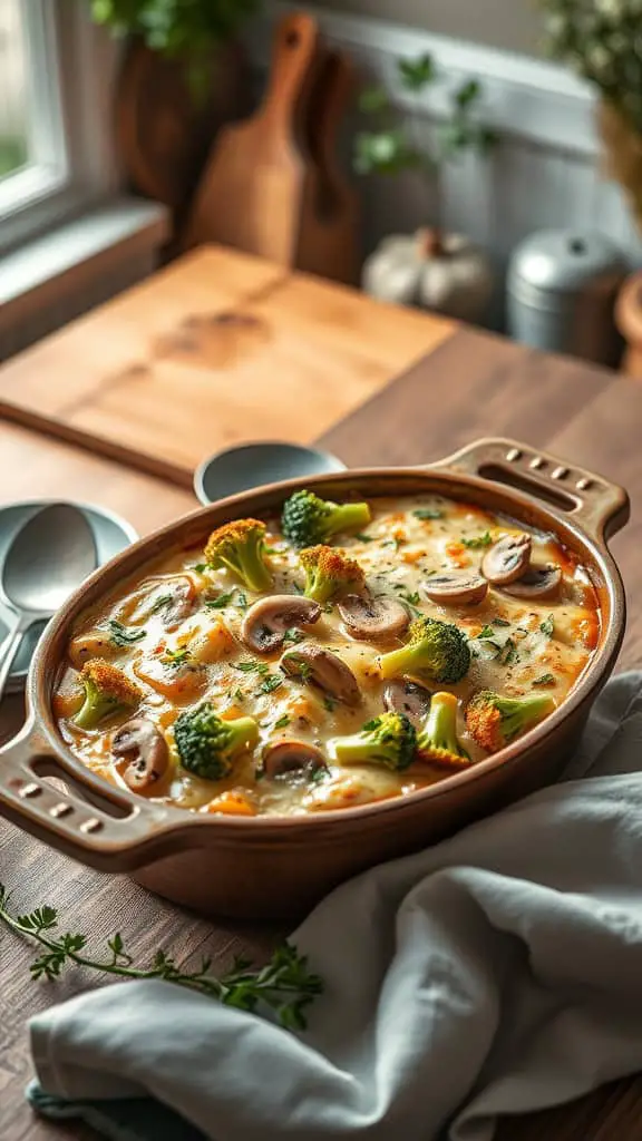 A delicious broccoli and mushroom casserole served in a dish.