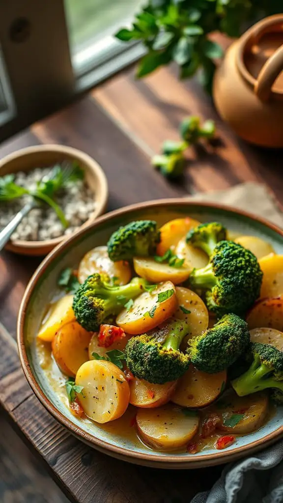 A deliciously layered broccoli and potato gratin with creamy sauce