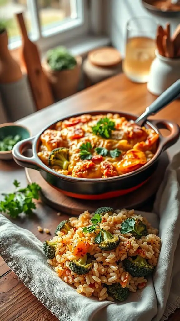 A comforting broccoli and rice casserole dish ready to be served.