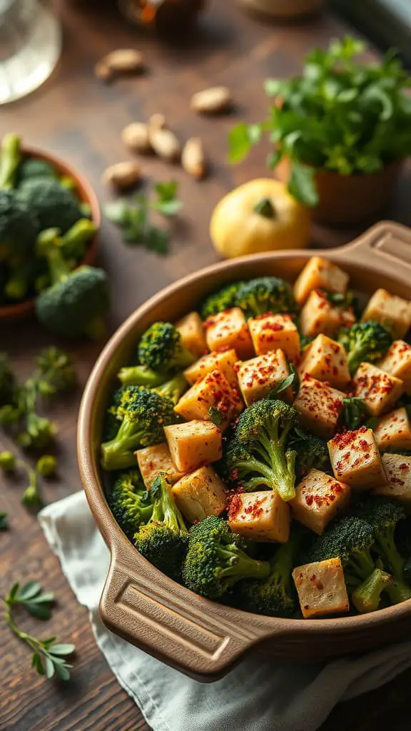 A bowl of broccoli and tofu casserole, showcasing fresh broccoli and cubed tofu.