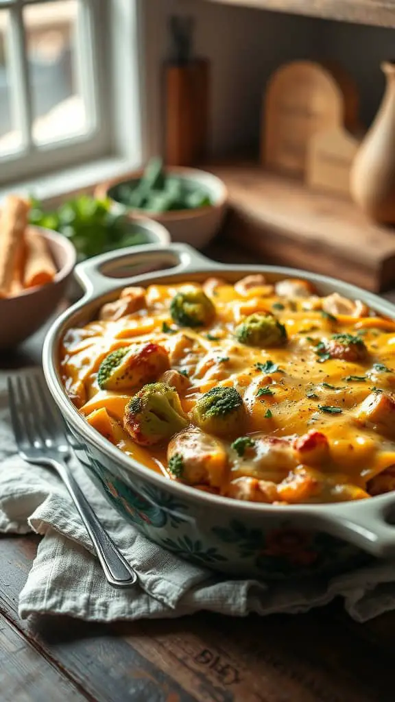 Broccoli cheddar chicken cordon bleu casserole in a baking dish