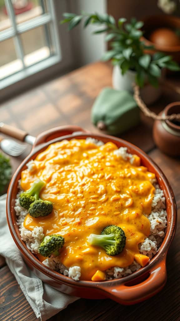 A delicious broccoli cheddar casserole with rice and cheese on top.