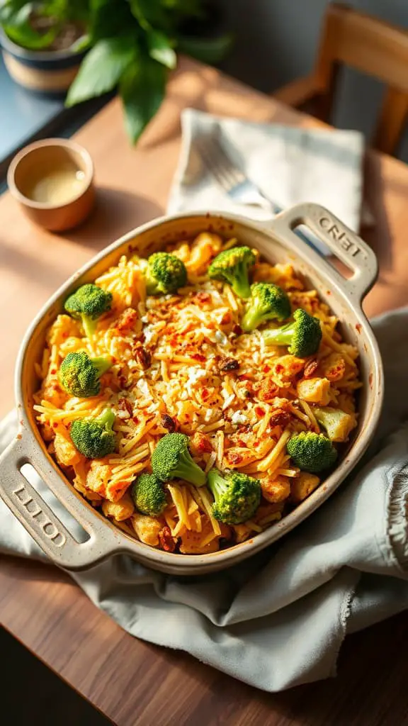 A creamy Broccoli Cheddar Hashbrown Bake topped with fresh broccoli florets and cheese.