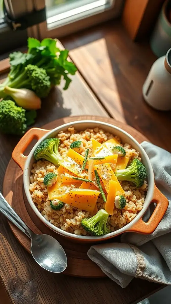 A delicious casserole dish featuring brown rice, broccoli, and cheddar cheese.