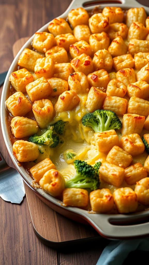 Broccoli Cheddar Tater Tot Bake with crispy topping and creamy filling