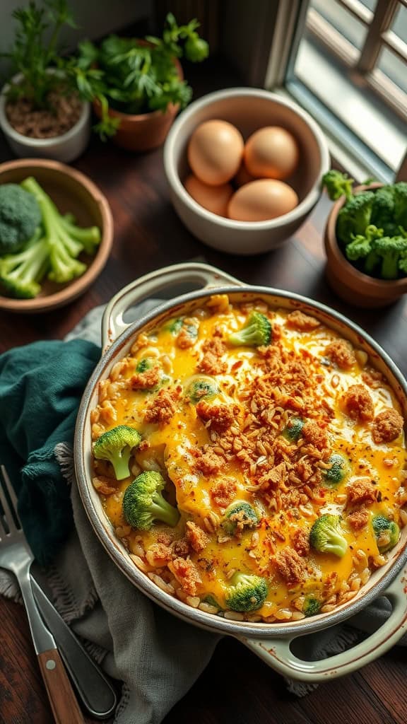 A delicious broccoli cheese and wild rice casserole topped with crushed crackers and cheese.