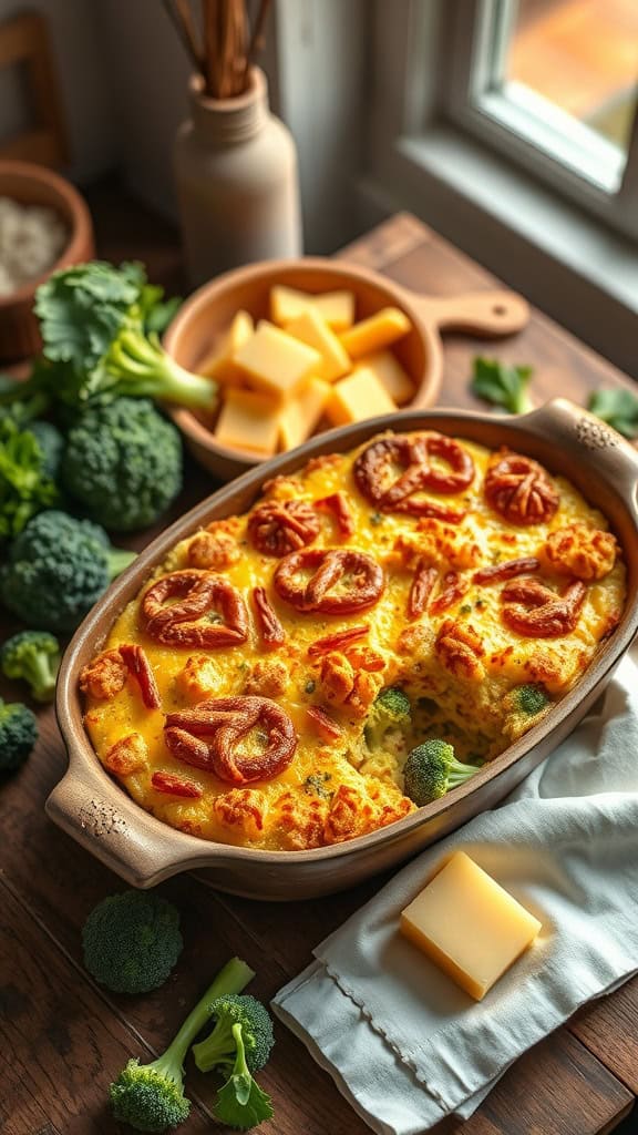 Broccoli cheese casserole with a crunchy pretzel crust