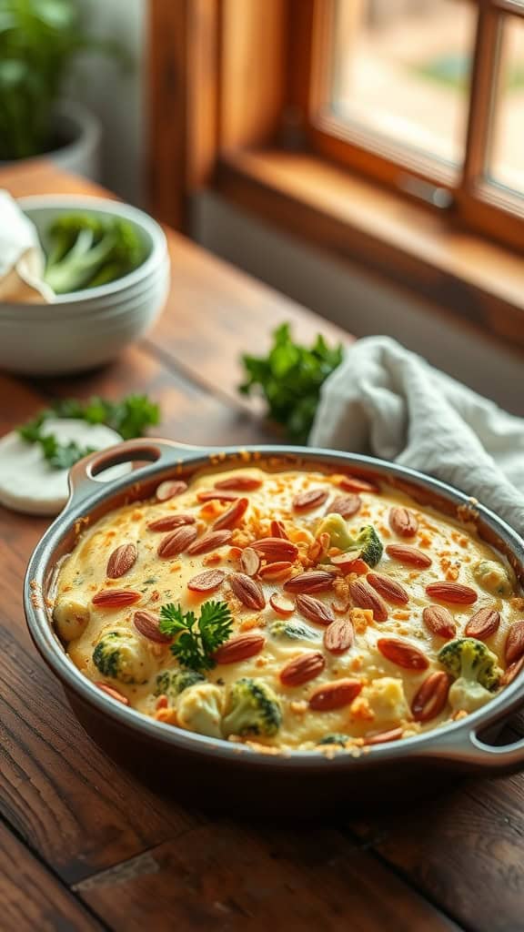 A delicious broccoli cheese casserole topped with sliced almonds.