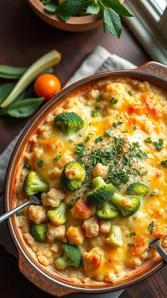 Broccoli Cheese Casserole with Cauliflower Rice, topped with cheese and broccoli florets.