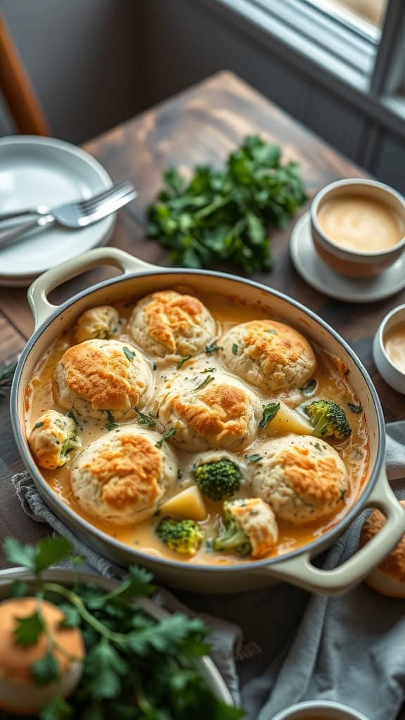 Delicious broccoli cheese casserole topped with herb biscuits, perfect for a cozy meal.