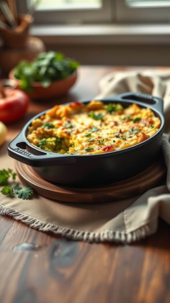 A cozy broccoli cheese casserole with quinoa, topped with cheese and crackers, ready to serve.