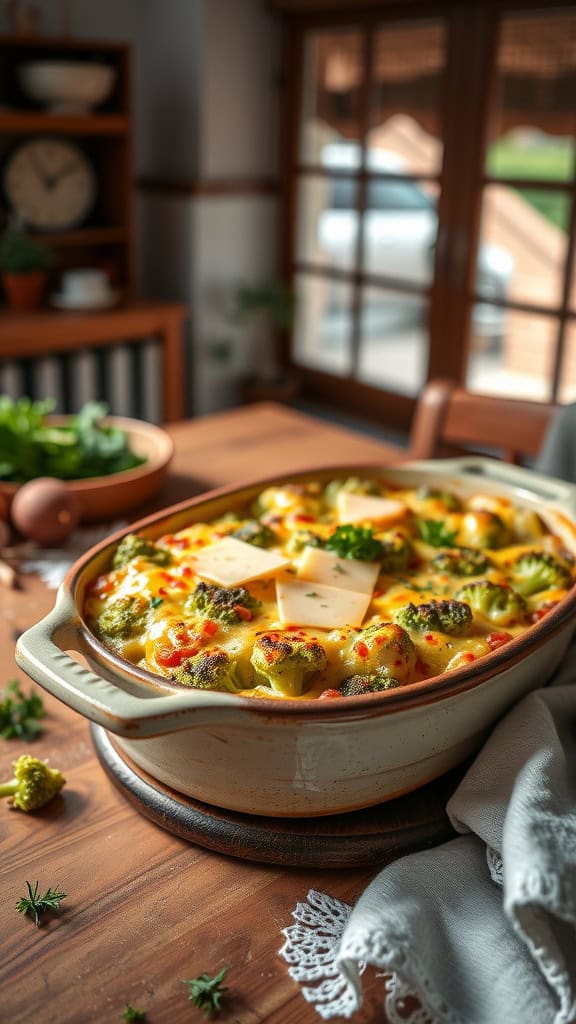 A delicious broccoli cheese casserole with layers of cheese and topped with crackers, sitting in a warm kitchen.