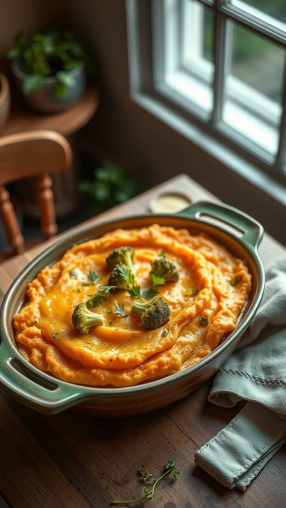 Broccoli Cheese Casserole with Sweet Potato Mash in a dish