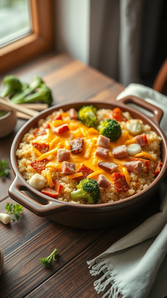 A comforting casserole dish featuring broccoli, ham, and cheddar cheese.