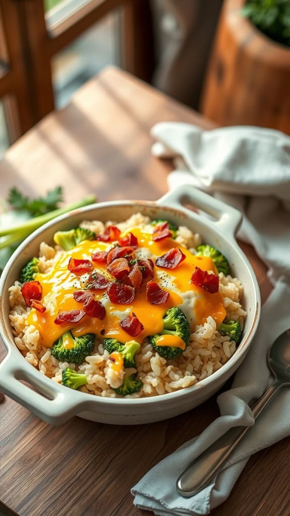 A delicious broccoli rice casserole topped with cheddar cheese and bacon crumbles.