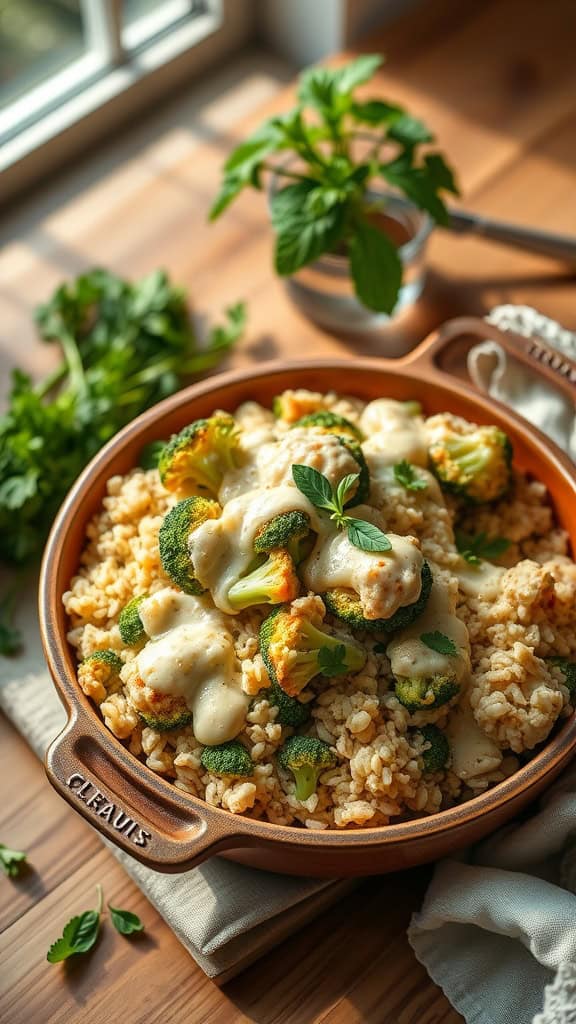 Dairy-free broccoli rice casserole topped with a creamy cauliflower sauce.