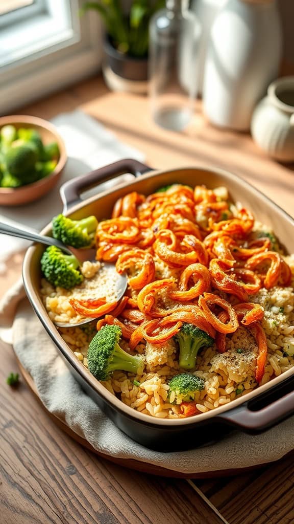 A delicious broccoli rice casserole topped with crispy fried onions, served in a baking dish.