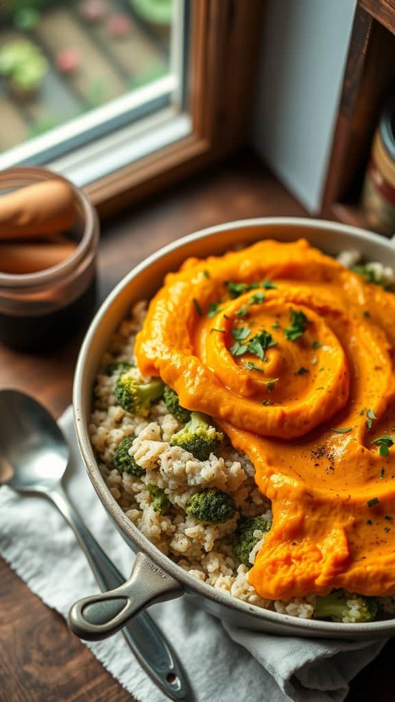 Broccoli rice casserole with sweet potato topping