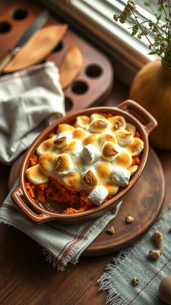 A delicious bowl of Brown Butter Sweet Potato Casserole topped with toasted marshmallows