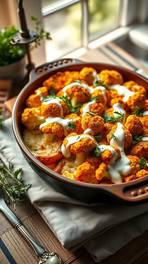 Buffalo cauliflower casserole with creamy sauce and garnished with green onions