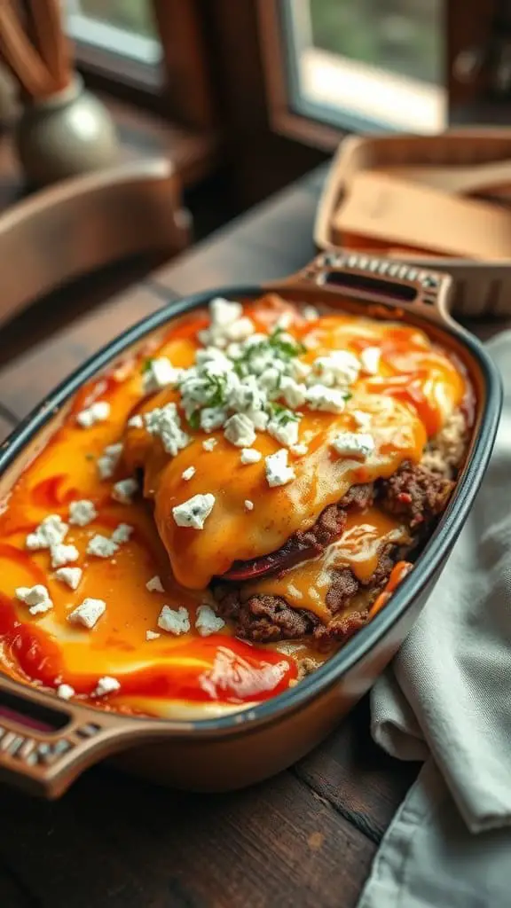 Buffalo cheeseburger casserole with cheese and green onions