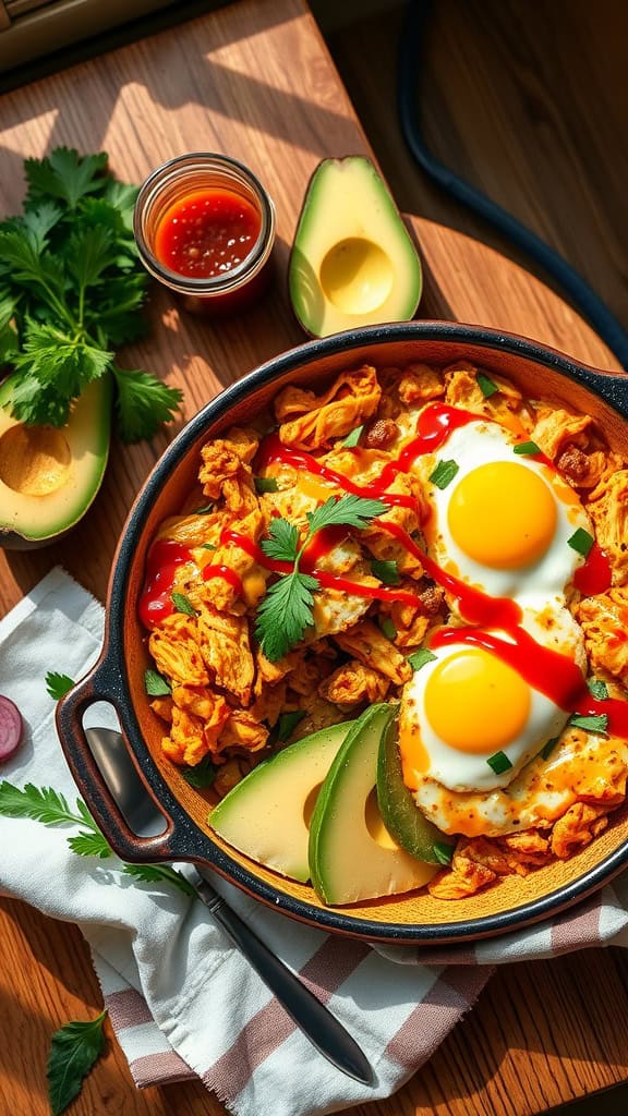 A delicious Buffalo Chicken Breakfast Bake with eggs, shredded chicken, and garnish.