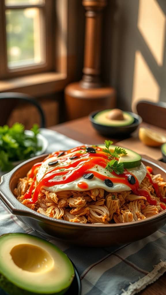 A delicious Buffalo Chicken Breakfast Casserole topped with cheese and hot sauce, garnished with green onions.