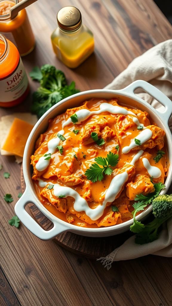 A delicious Buffalo Chicken Broccoli Bake with melted cheddar cheese and garnished with green herbs.