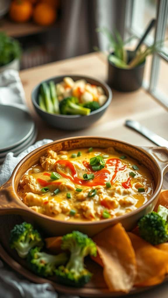 Buffalo Chicken Broccoli Cheese Casserole with toppings