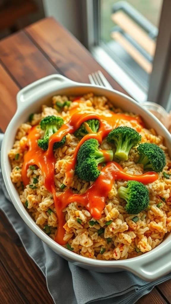 Buffalo Chicken Broccoli Rice Casserole with broccoli and buffalo sauce