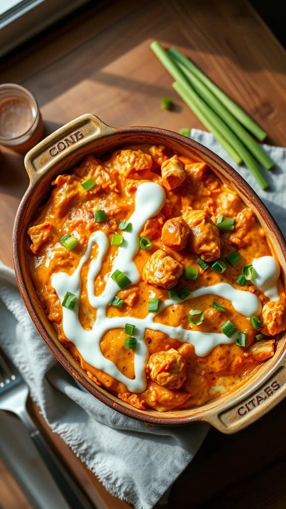 A delicious buffalo chicken casserole topped with green onions and creamy drizzle