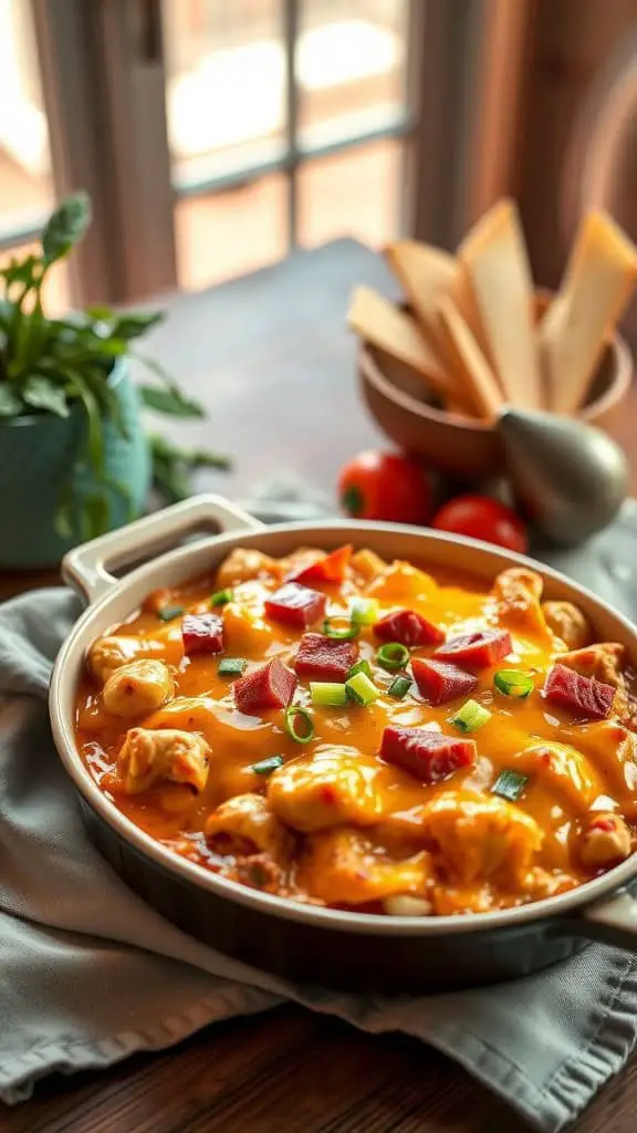 Buffalo Chicken Cordon Bleu Casserole with melted cheese and toppings