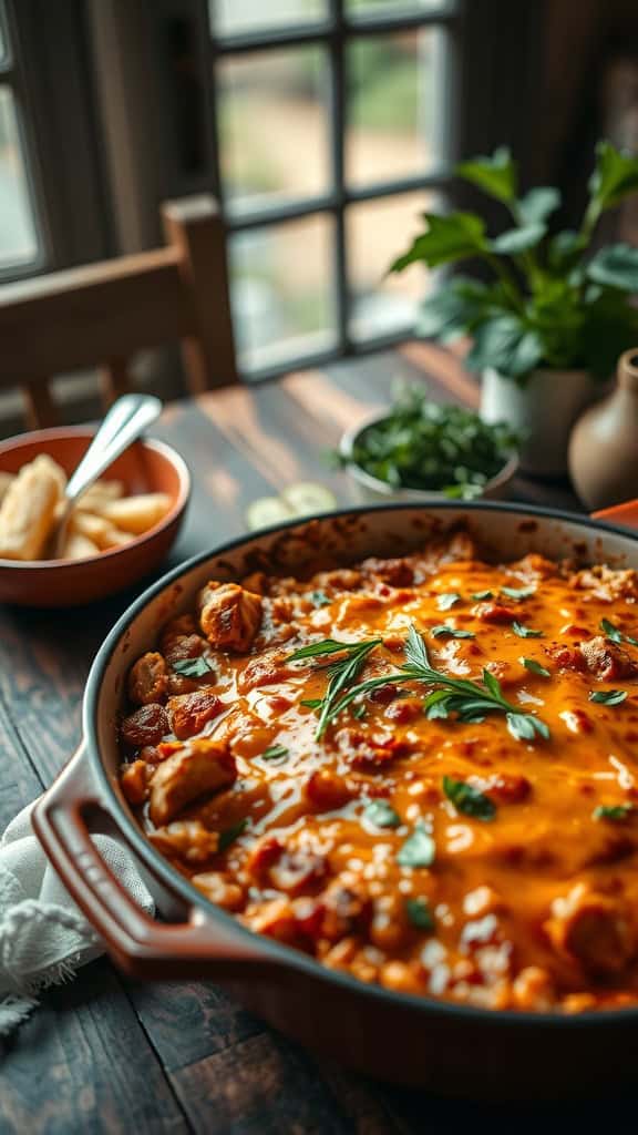 A delicious Buffalo Chicken Cowboy Casserole topped with cheese and tater tots.