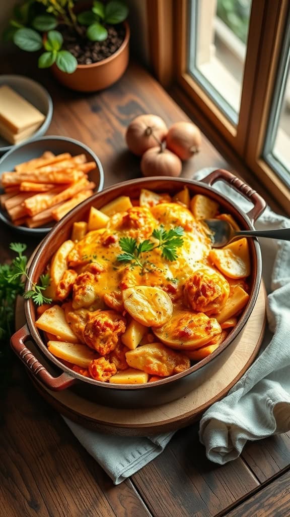 A delicious buffalo chicken casserole with layers of chicken, potatoes, and melted cheese.