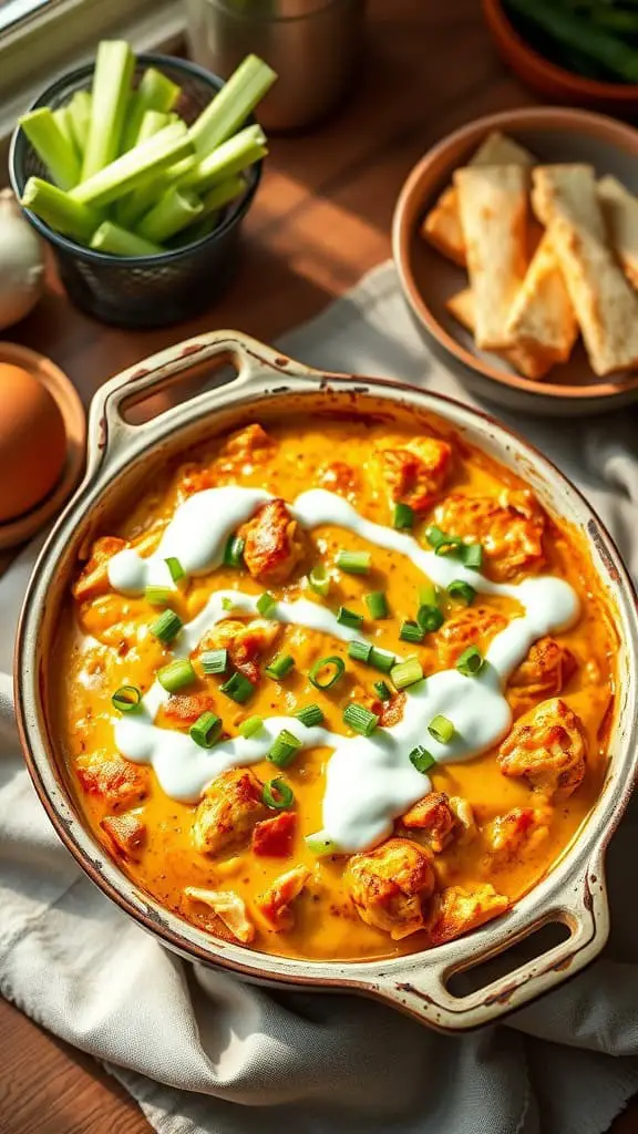 A delicious Buffalo Chicken Egg Casserole with shredded chicken, eggs, and buffalo sauce topped with ranch dressing and green onions.