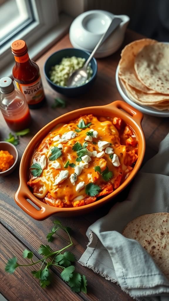 A delicious buffalo chicken enchilada casserole topped with cheese and garnished with green onions.