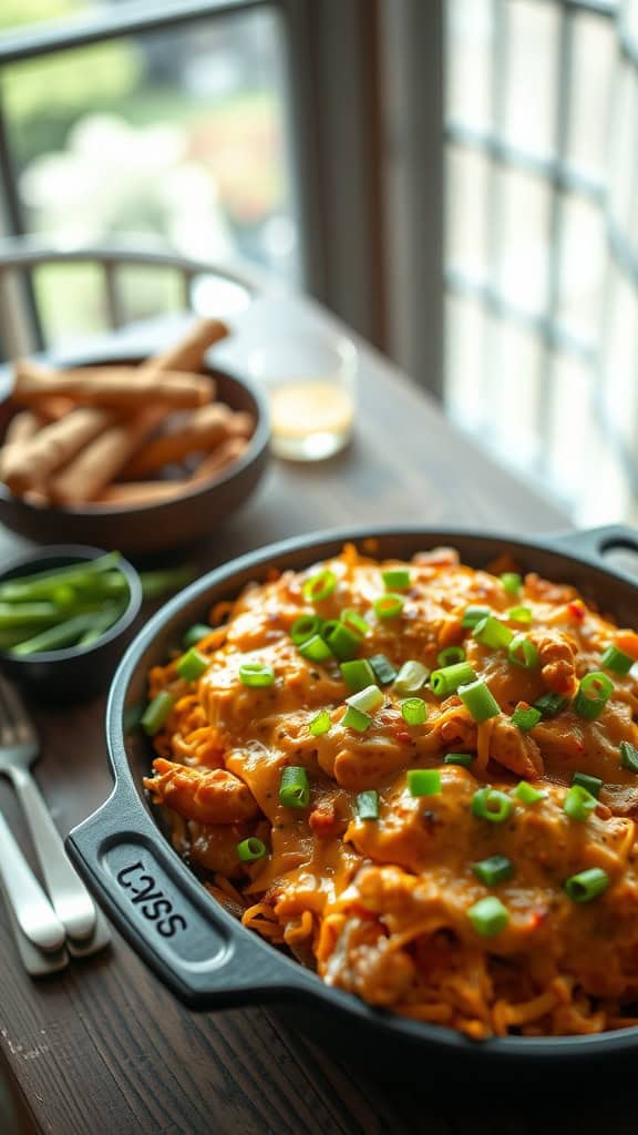 A delicious buffalo chicken hashbrown casserole topped with green onions.