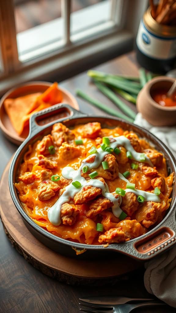 Buffalo Chicken Hashbrown Casserole with ranch drizzle