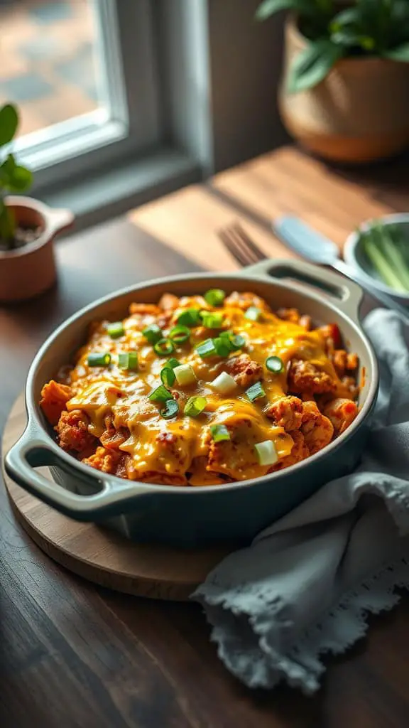 Buffalo chicken hashbrown casserole topped with cheese and green onions